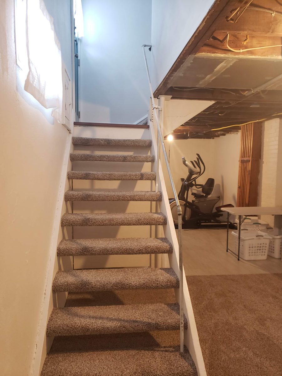 Carpeted staircase with bullnose treads wrapped over white risers leading to a finished basement